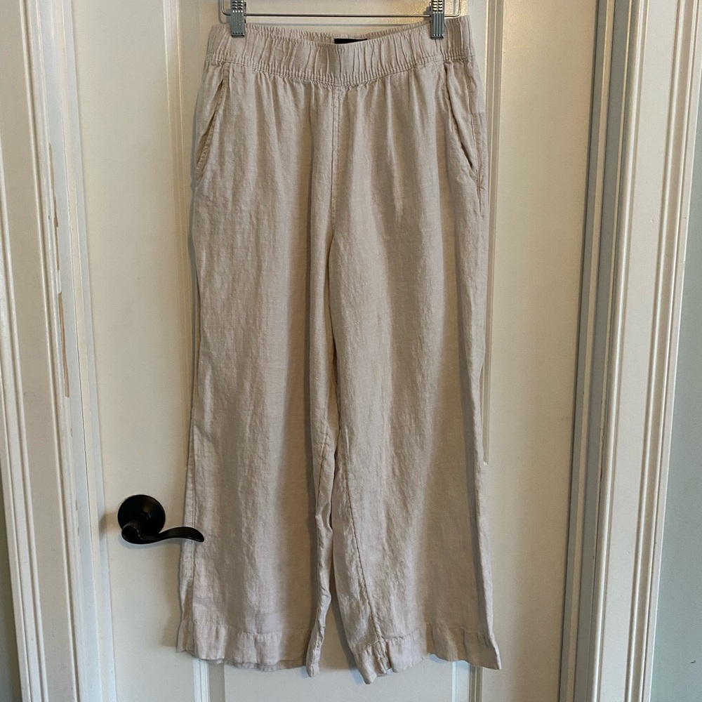 Tahari Beige Wide Leg Linen Pants